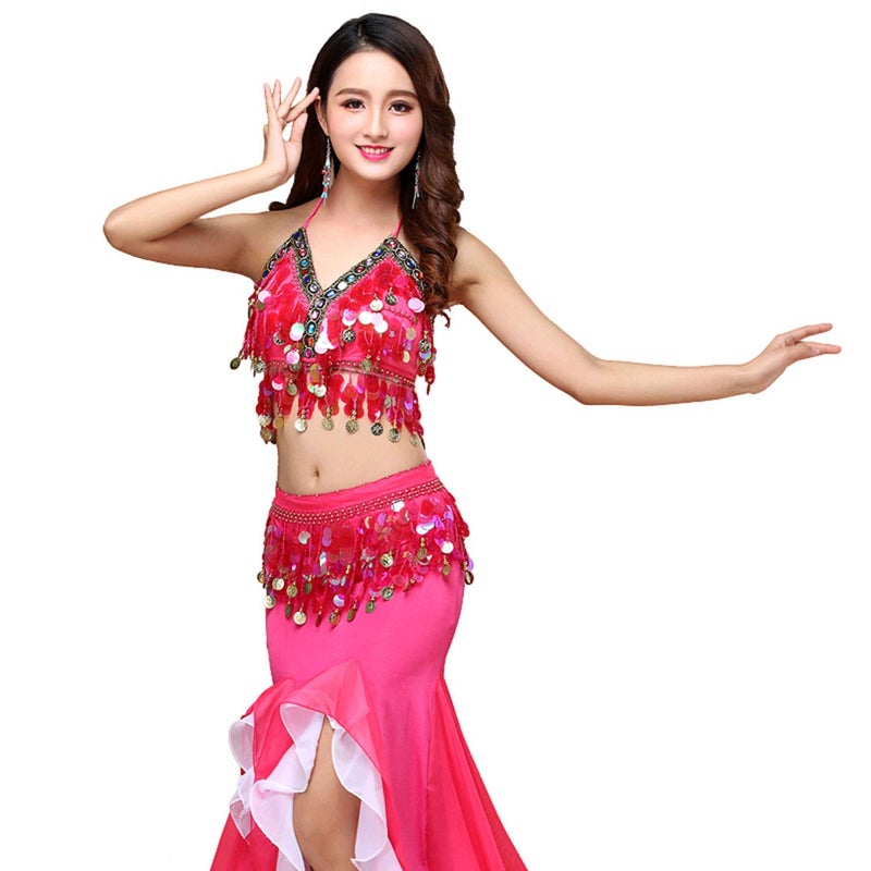 ORIDOOR Women's Belly Dance Dress Set - Rose Red - One Size Fits Most - Bra Top, Waist Belt & Chiffon Skirt - Hand Wash Only - Image 5